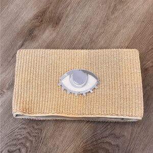 Koku concept raffia bag with evil eye clutch with inner magnetic clasp